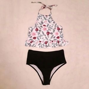 Shein Floral Peplum Top w/ High Waist Bikini Set